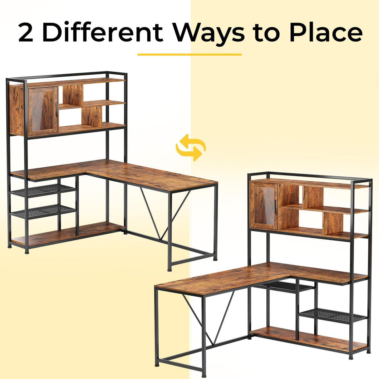 SEDETA 58'' L Shaped Computer Desk with LED Light and Bookshelf in Rustic Brown SEDETA