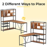 SEDETA 58'' L Shaped Computer Desk with LED Light and Bookshelf in Rustic Brown SEDETA