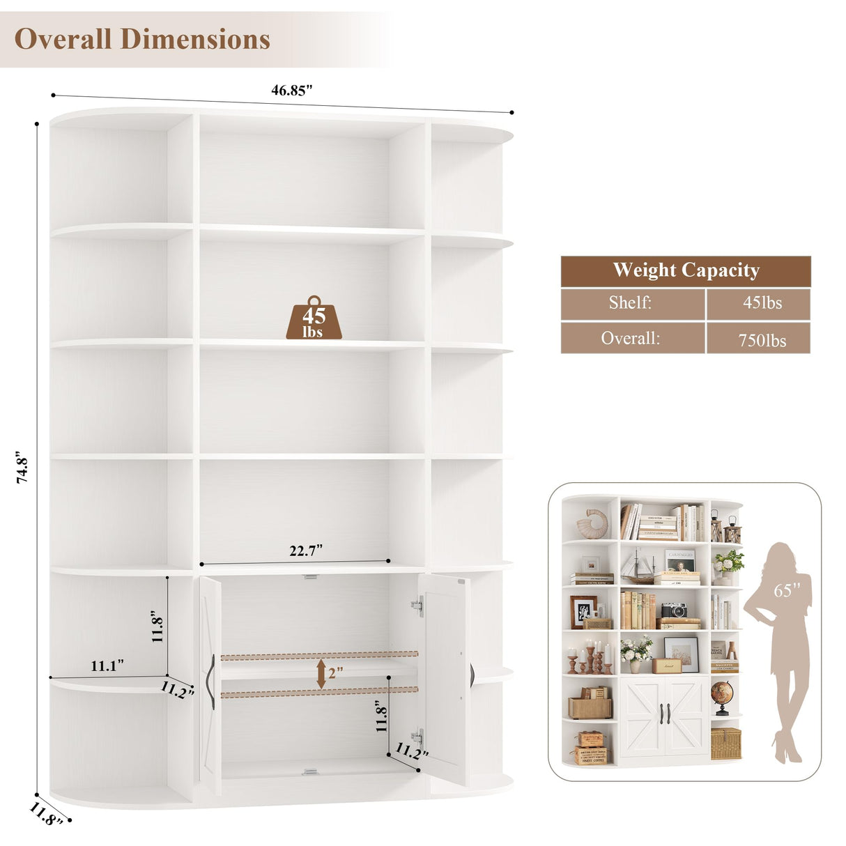 HOSTACK 75" Tall Book Shelf and Bookcase, 6 Tier Bookshelf with Storage, 47" Wide Bookcase with Doors, Freestanding Wood Display Shelves with Book Storage Cabinet for Home Office, Living Room, White HOSTACK