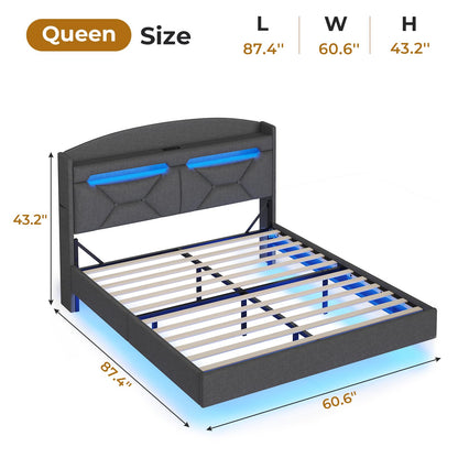 BTHFST Dark Grey Floating Queen Bed Frame with Charging Station, Hidden Storage, and RGB Lighting - WoodArtSupply