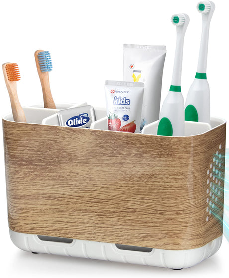 Boperzi Toothbrush and Toothpaste Holder Wood Grain for Bathroom Countertop with Adjustable Dividers, Toothpaste Caddy Organizer Storage Rustic Decor Set Freestanding Anti-Slip for Shower,Family,Kids Boperzi