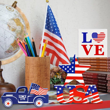 4th of July Decor Patriotic Decorations 4Pcs Wooden Star USA LOVE Car Sign Fourth of July Table Decorations Memorial Day Red White and Blue Decor JENFALL