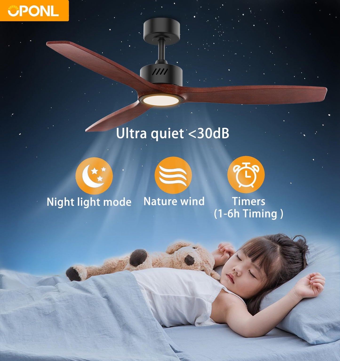 OPONL Natual Solid Wood Ceiling Fan with Light 52 Inch, Low Profile, Remote Control, Downrod Mount, Noiseless, Reversible, 6CCT, Dimmable, 6 speeds, Timeable, Ceiling Fans with Lights for Living Room