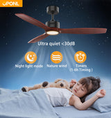OPONL Natual Solid Wood Ceiling Fan with Light 52 Inch, Low Profile, Remote Control, Downrod Mount, Noiseless, Reversible, 6CCT, Dimmable, 6 speeds, Timeable, Ceiling Fans with Lights for Living Room OPONL