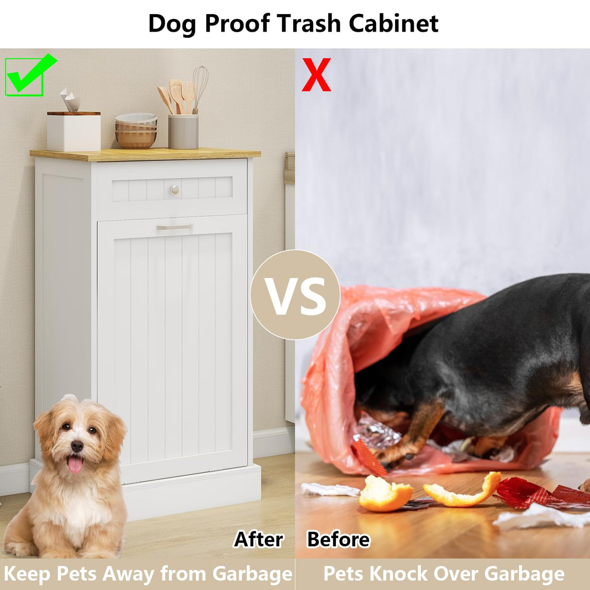 Bocarali Tilt Out Trash Cabinet, 10 Gallon Freestanding Wooden Kitchen Trash Recycling Sorter Cabinet with 2 Drawer, Tilt Out Trash Can Bin Garbage Laundry Cabinet for Living Room, White Bocarali