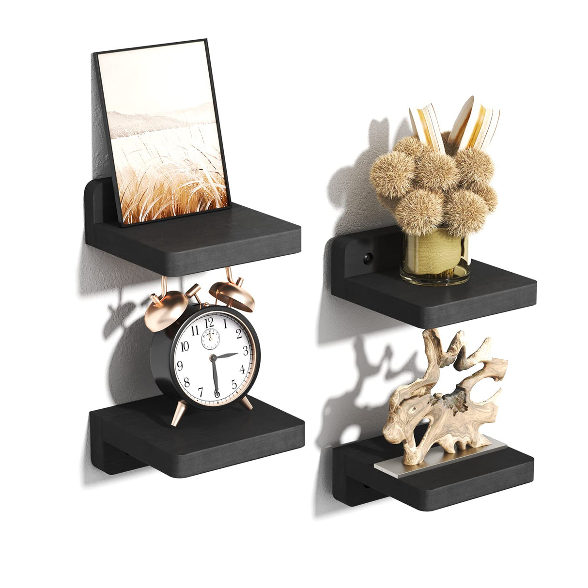 SRIWATANA Small Floating Shelves Wall Mounted, 4 Inch Wood Shelf for Decoration and Storage Set of 4, Mini Display Shelf for Bedroom, Bathroom, Kitchen, Office (Weathered Black) SRIWATANA