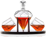 Whiskey Decanter Diamond shaped With 2 Diamond Glasses & Mahogany Wooden Holder – Elegant Handcrafted Crafted Glass Decanter For Liquor, Scotch, Rum, Bourbon, Vodka, Tequila – Great Gift Idea – 750ml RUGLUSH