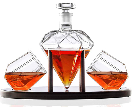 Whiskey Decanter Diamond shaped With 2 Diamond Glasses & Mahogany Wooden Holder – Elegant Handcrafted Crafted Glass Decanter For Liquor, Scotch, Rum, Bourbon, Vodka, Tequila – Great Gift Idea – 750ml RUGLUSH