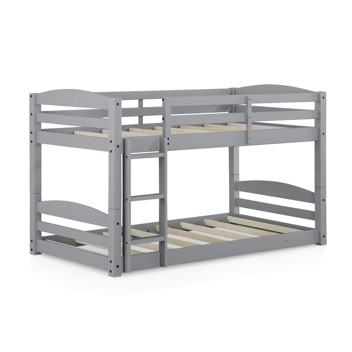 DHP Phoenix Convertible Low Wood Floor Bunk Bed, Stackable and Detachable Bed Frames for Kids, Solid Wood, with Ladder, High Guardrail, Wood Slats, No Boxspring Required, Twin-Over-Twin, Gray DHP