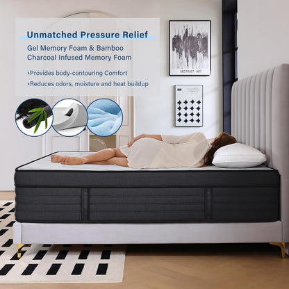 Suiforlun 15" California King Mattress, Gel & Bamboo Charcoal Infused Memory Foam, Medium Euro Top Hybrid Pocket Spring Mattress for Restful Sleep, Pressure Relief and Edge Support, 120 Nights Trial