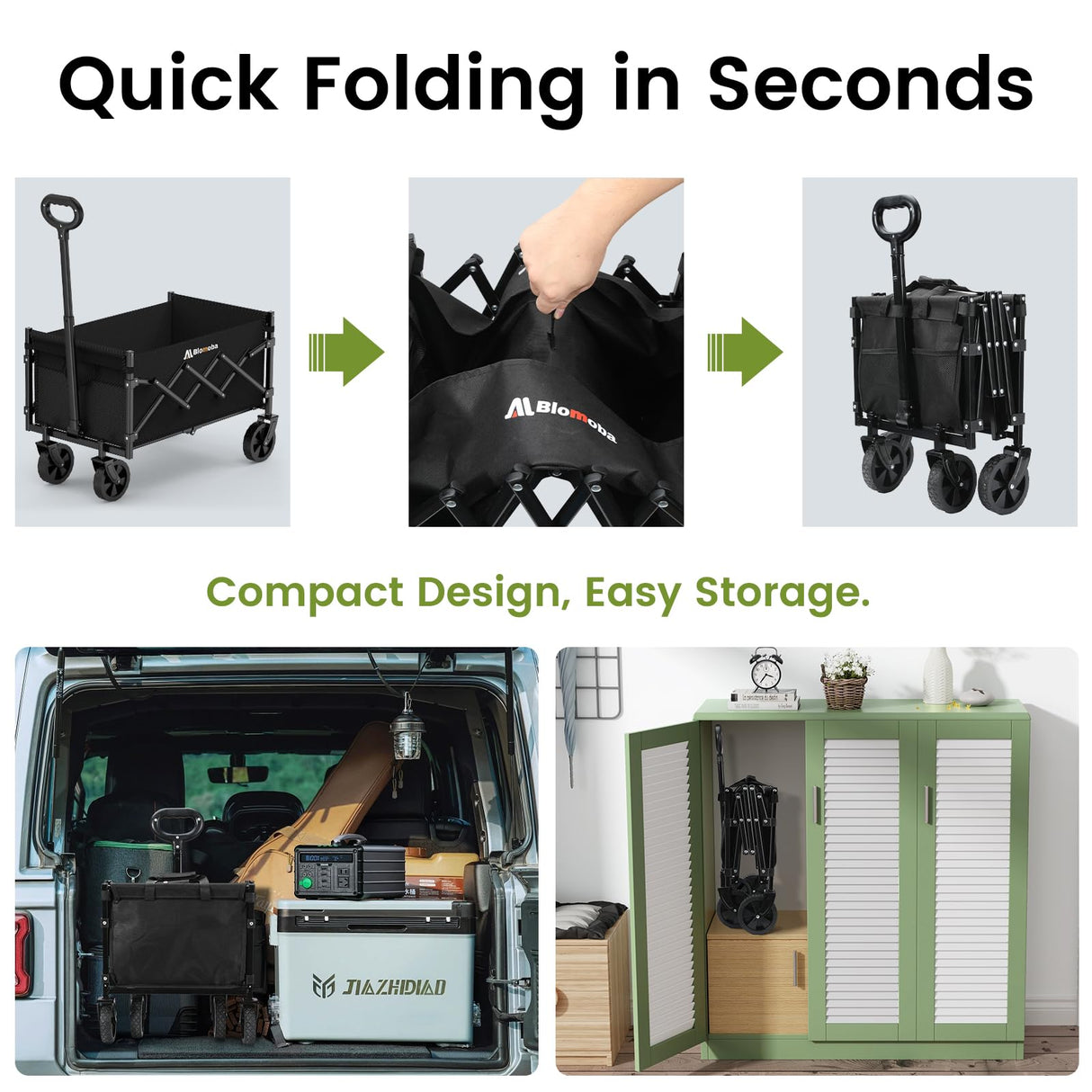 Collapsible Wagon with Wheels, 220 lbs Wagons Carts Foldable Wagon Cart with Flexible Handle, Lightweight Portable Folding Utility Grocery Shopping Cart for Grocery Sports Garden Camping Blomoba