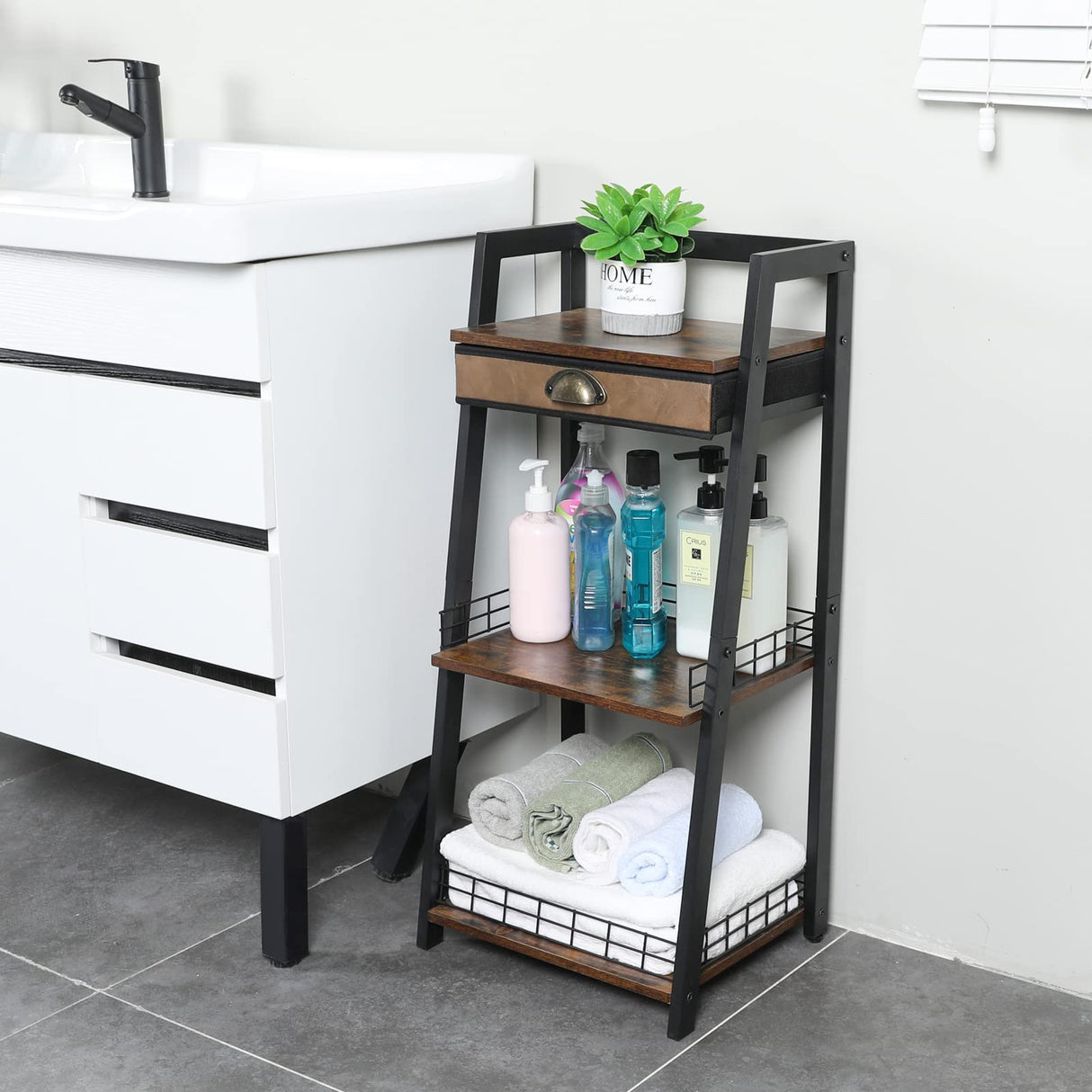 3-Tier Freestanding Bathroom Ladder Shelf with Drawer & Open Storage keomaisyto