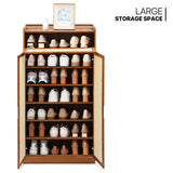 MoNiBloom Slim 7 Tier Shoe Storage Cabinet with Doors, Bamboo Multifunctional Organizer Rattan Pattern Rack Unit Up to 21 Pairs for Bedroom Closet Entryway Living Room, Brown MoNiBloom