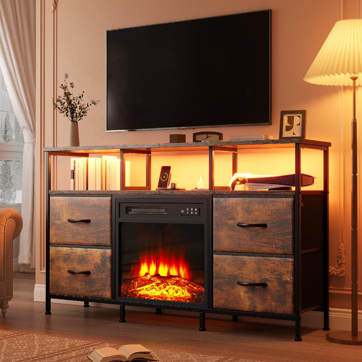 Fireplace TV Stand with 4 Fabric Drawers, TV Stand Dresser with Power Outlets and LED Lights, Fireplace Entertainment Center with Open Shelf for 43,50 Inch TV, for Living Room, Bedroom, Rustic Brown PUKAMI