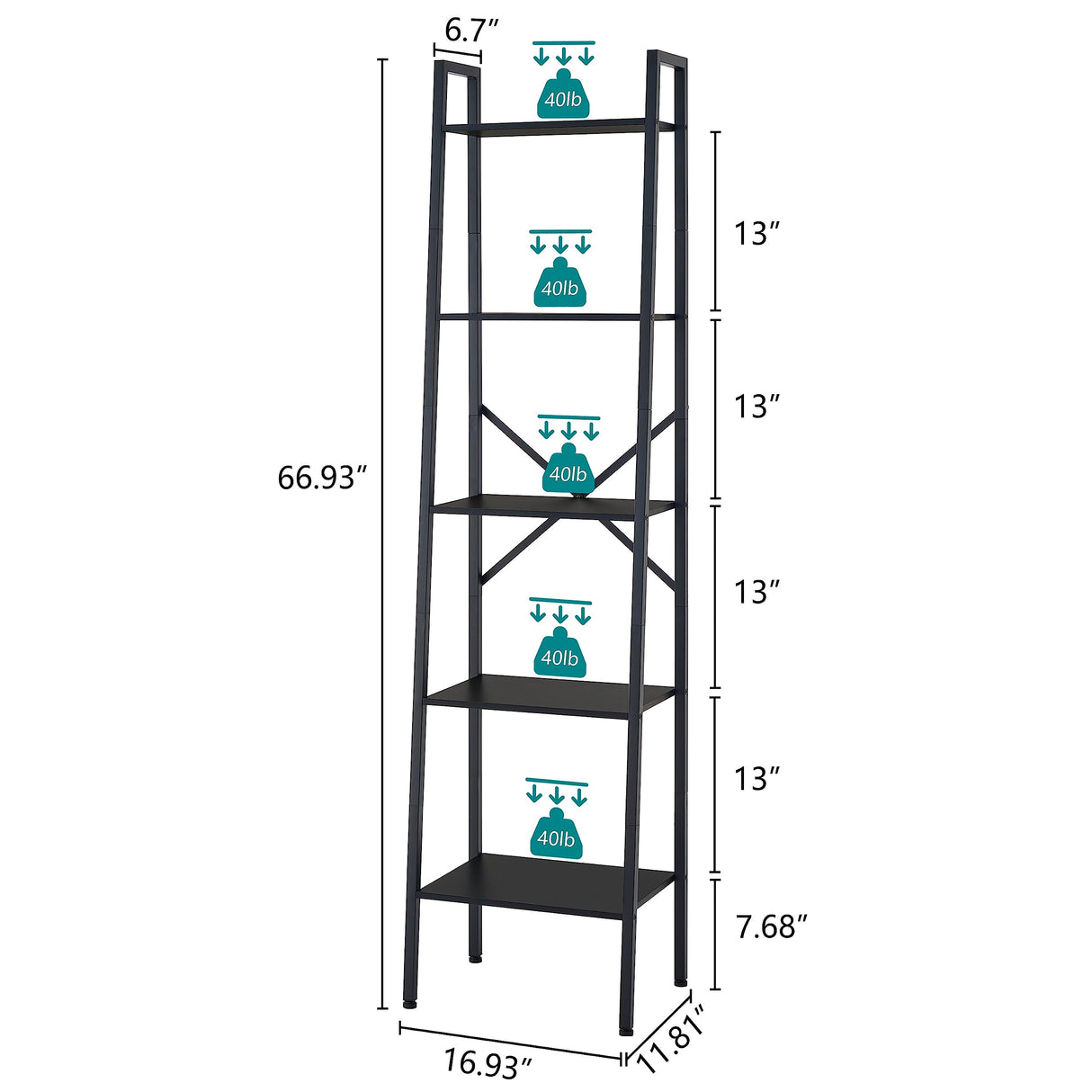 Hoctieon 5-Tier Industrial Ladder Bookshelf, Narrow Ladder Shelf, Tall Standing Bookshelf, Skinny Open Ladder Shelf, for Living Room, Home Office, Kitchen, Bedroom, Metal Frame, Black Hoctieon