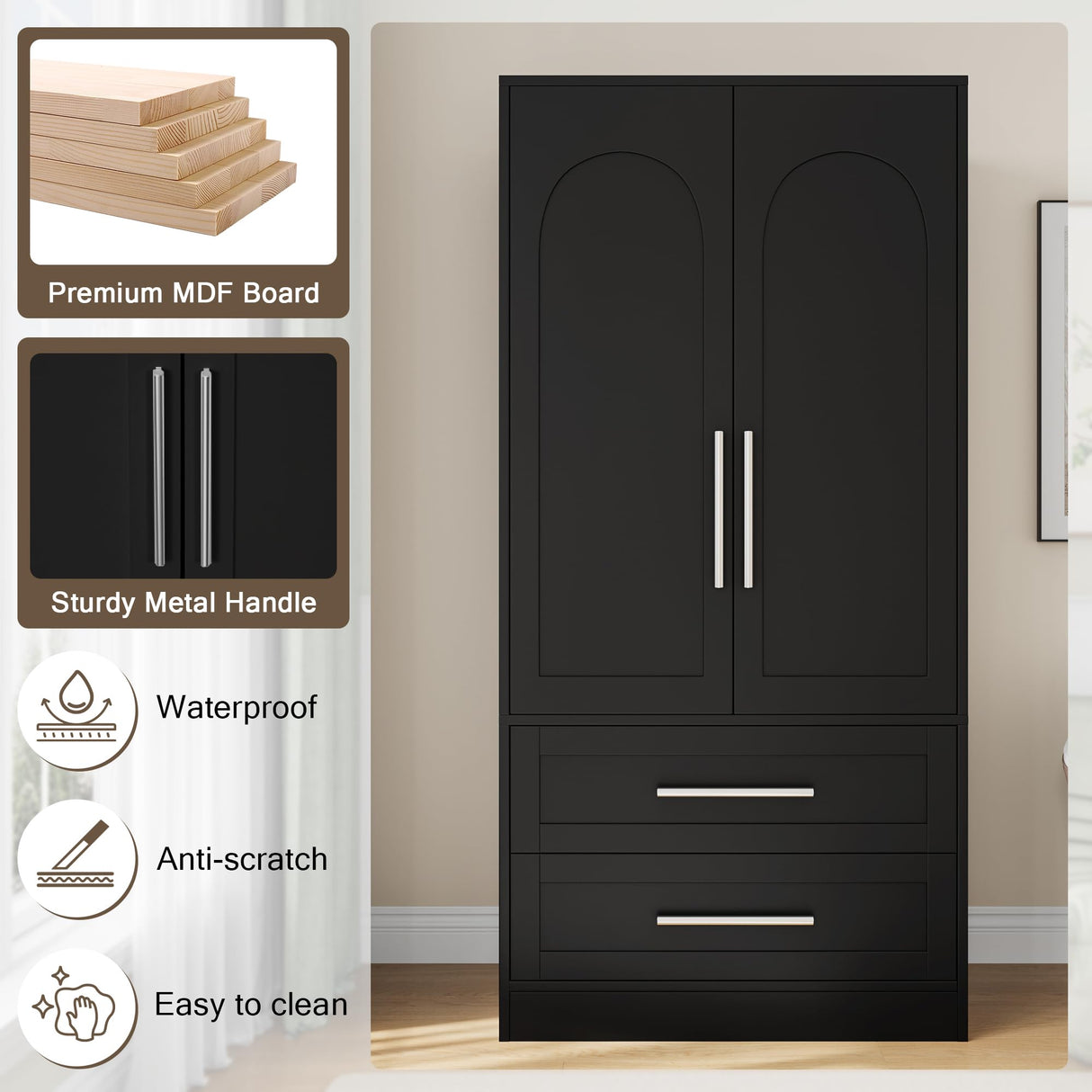 Einhomn Wooden Armoire Wardrobe Closet with 2 Doors and 2 Drawers,Freestanding Armoire Storage Cabinet with Shelves,Tall Clothing Storage Cabinet Suitable for Bedroom,Black Einhomn
