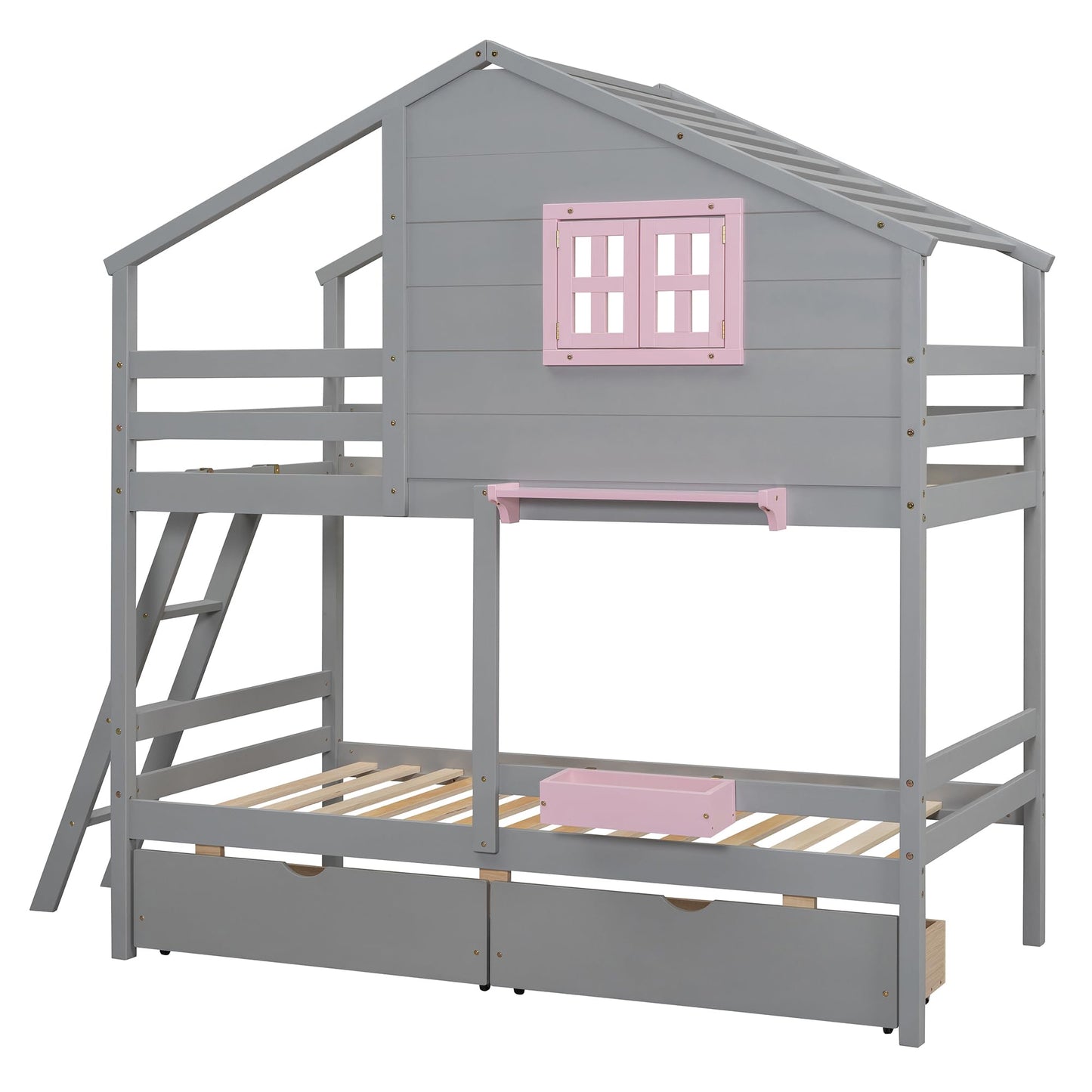 Harper & Bright Designs House Bunk Bed for Kids, Twin Over Twin Bunk Beds with Storage Drawers & Shelf, Solid Wood Bunk Bed with Roof & Window for Kids Girls Boys Teens,Gray