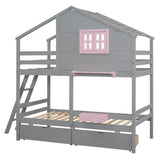 Harper & Bright Designs House Bunk Bed for Kids, Twin Over Twin Bunk Beds with Storage Drawers & Shelf, Solid Wood Bunk Bed with Roof & Window for Kids Girls Boys Teens,Gray Harper & Bright Designs