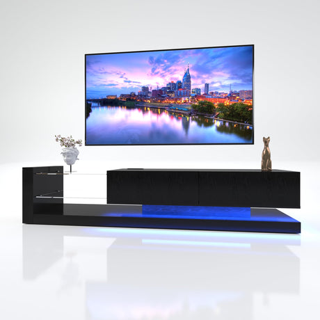 LED TV Stand for 55/65/75 Inch TV, Modern Entertainment Center with 31 Modes Full Color Selection Light String, TV Console with Tempered Glass for Living Room Bedroom, Black Banzeem