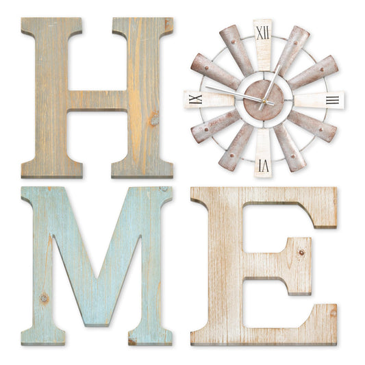 ZAZIWZ Farmhouse Home Signs with Windmill Clock Wall Decor Rustic Home Letters Wall Art for Living Room Kitchen Entryway Dining Room Bedroom (mix color)