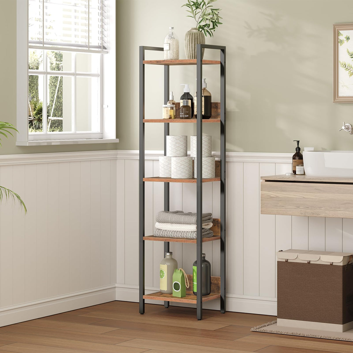 MAHANCRIS Bookshelf, 5-Tier Bookcase, Standing Book Shelf for Small Space, Storage Shelf Organizer, for Living Room, Bedroom, Study, Balcony, Rustic Brown and Black BKHR5501 MAHANCRIS