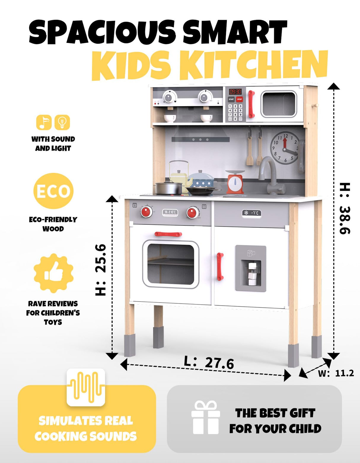JOYOOSS Kids Play Kitchen Playset, Wooden Play Kitchen Kids Kitchen Playset Toy Toddler Kitchen Playset with Real Lights & Sounds, Play kitchen for toddlers 1-3 and Play Kitchen Sets for Kids Ages 4-8 Joyooss