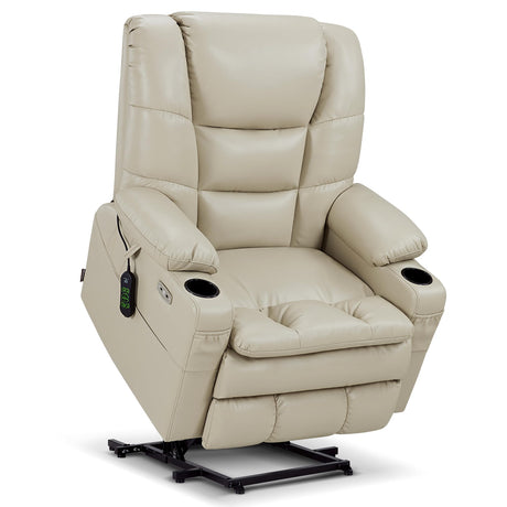 MCombo Oversized Triple Motor Power Lift Recliner Chair with Massage and Dual Heating, Adjustable Headrest for Big and Tall Elderly People, Faux Leather R7635 (Beige, Large-Oversize) MCombo