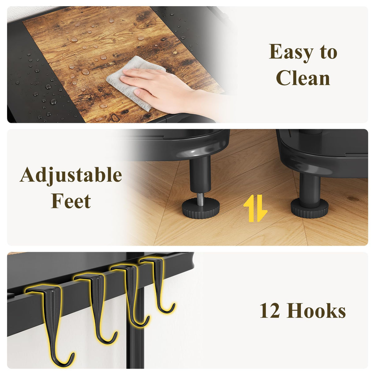 Kitchen Bakers Rack with Power Outlet - Easy & Tool-Free Assembly, Adjustable Coffee Bar Station 4 Tiers, Microwave Stand with 12 Hooks, Brown SNTD