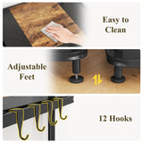 Kitchen Bakers Rack with Power Outlet - Easy & Tool-Free Assembly, Adjustable Coffee Bar Station 4 Tiers, Microwave Stand with 12 Hooks, Brown SNTD