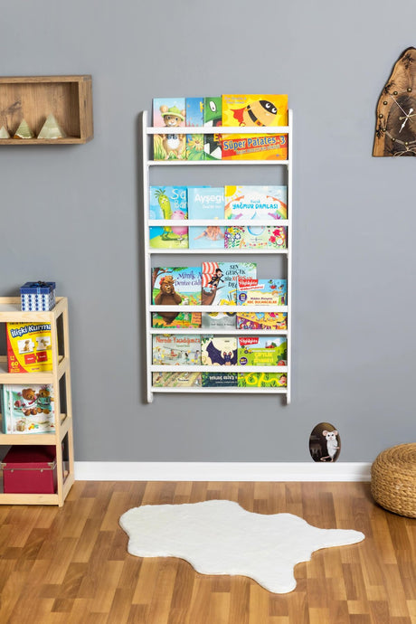 Montessori Wall-Mounted Solid Wood Bookshelf for Kids - 4 Tier Display in White Furpinea