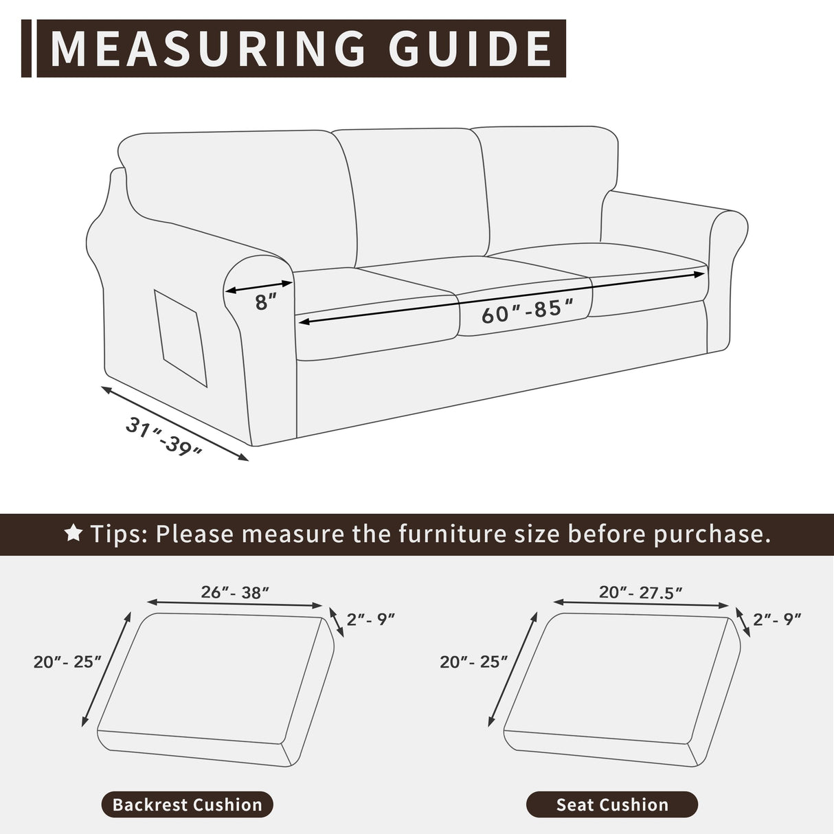 Easy-Going 7 Pieces Stretch Couch Cover Washable Sofa Cover Set for 3 Backrest and Seat Cushion Couch Anti-Slip Sofa Slipcover Furniture Protector with Elastic Bottom (Large, Dark Grey) Easy-Going