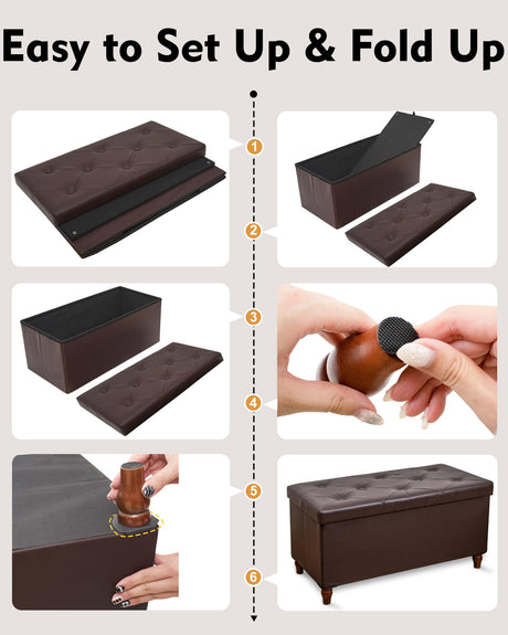 GLAXYFUR 30 Inches Storage Ottoman Bench with Wooden Legs, Faux Leather Folding Ottoman Foot Rest, Storage Bench for Living Room, Hallway & Bedroom, Upgrade Large Capacity (Engineered Wood, Brown) GLAXYFUR