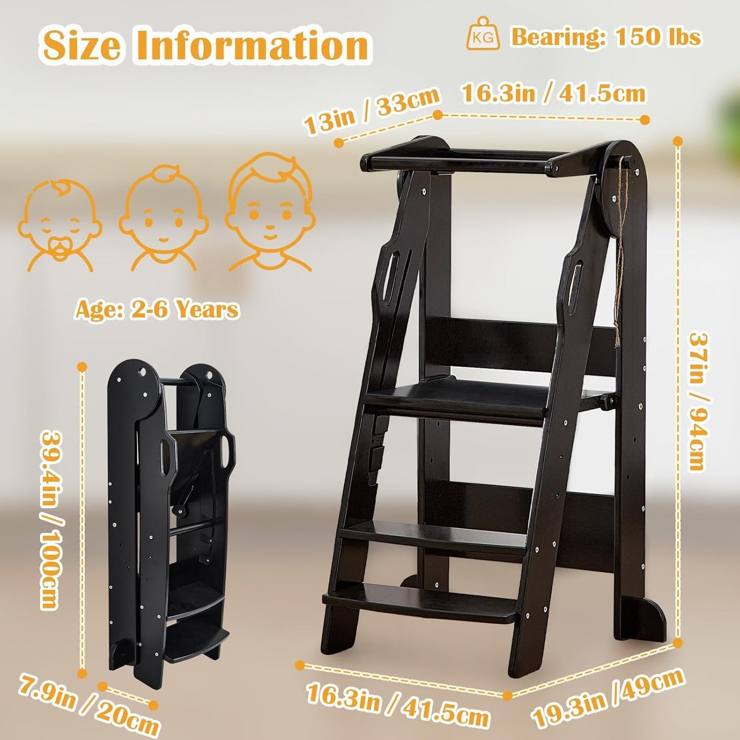 FUNLIO 3-Level Height Adjustable Kitchen Step Stool, Foldable Toddler Tower for Kids 2-6 Years, Montessori Child Standing Tower, CPC & CE, Easy to Assemble, Black