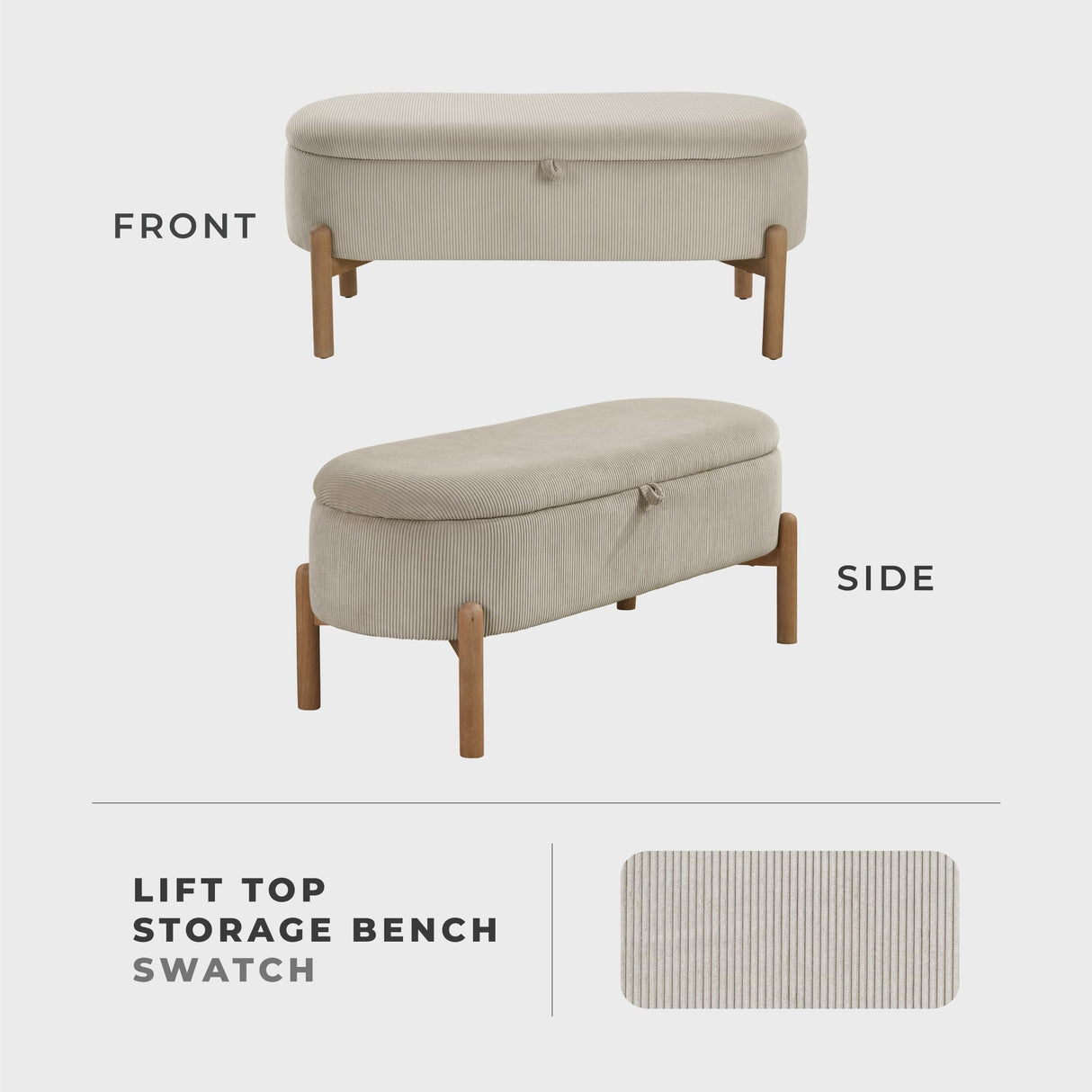 Lexicon Lift Top Storage Bench, Corduroy Upholstered Oval Entryway Bench with Solid Wood Leg Support, Modern Striped Storage Chest for Entryway/Living Room/Bedroom, Taupe Lexicon