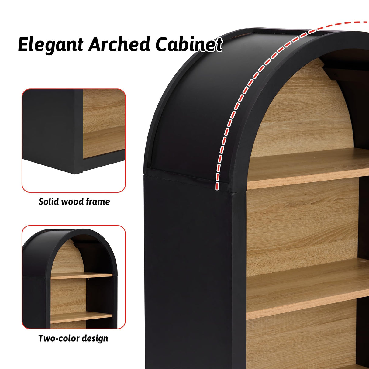 HIUU Black Arched Bookshelf,Modern Short Bookcase,Mid-Century Modern Curved Book Shelf,Arched Display Cabinet with Open Shelf for Bedroom, Living Room HIUU