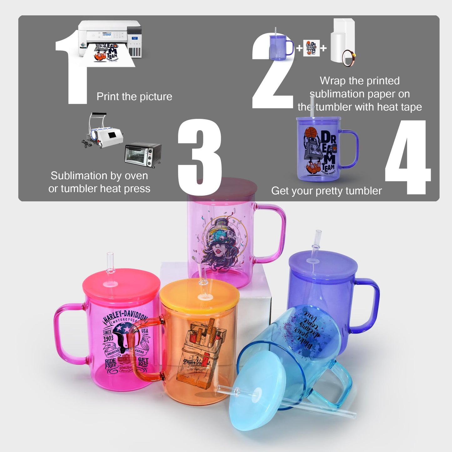 sweet grain Sublimation Glass Cups with Handle(5 Pack) - 15oz Transparent Colored Sublimation Cup Blanks, Sublimation Glass mugs Bulk with Lids and Straws for Iced Coffee, Juice, Soda - 5 Colors