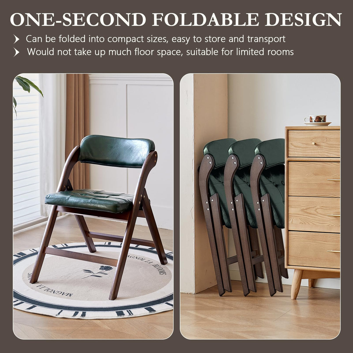 ALeesing Folding Chairs with Padded Seats, Wooden Folding Chairs Set of 2, 31" Stackable Folding Dining Chairs, Folding Extra Chair for Guests Kitchen, Bedroom, Living Room, Party Chairs, Green ALeesing