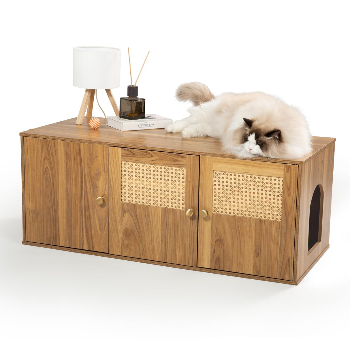 Wooden Cat Litter Box Enclosure with Storage Compartment with Adjustable Divider, Hidden Litter Box Furniture and Hall Table, Cat Box Enclosure, 42.5''L*18.5W*16.9H (Oak, Rattan) Furriends