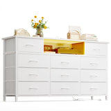 YGEOMER 59 Inches Long Dresser White Dresser or Bedroom 65-inch TV Stand with Charging Station and LED Lights, Fabric Chest of Drawers with PU Finish for Bedroom, Entryway YGEOMER