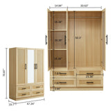 Sophshelter Rattan Armoire Wardrobe Closet: Wardrobe Closet with 4 Drawers Wardrobe Closet with 3 Doors Tall Armoire Closet with Mirror for Bedroom 47.24''W x 18.9''D x 70.9''H Sophshelter