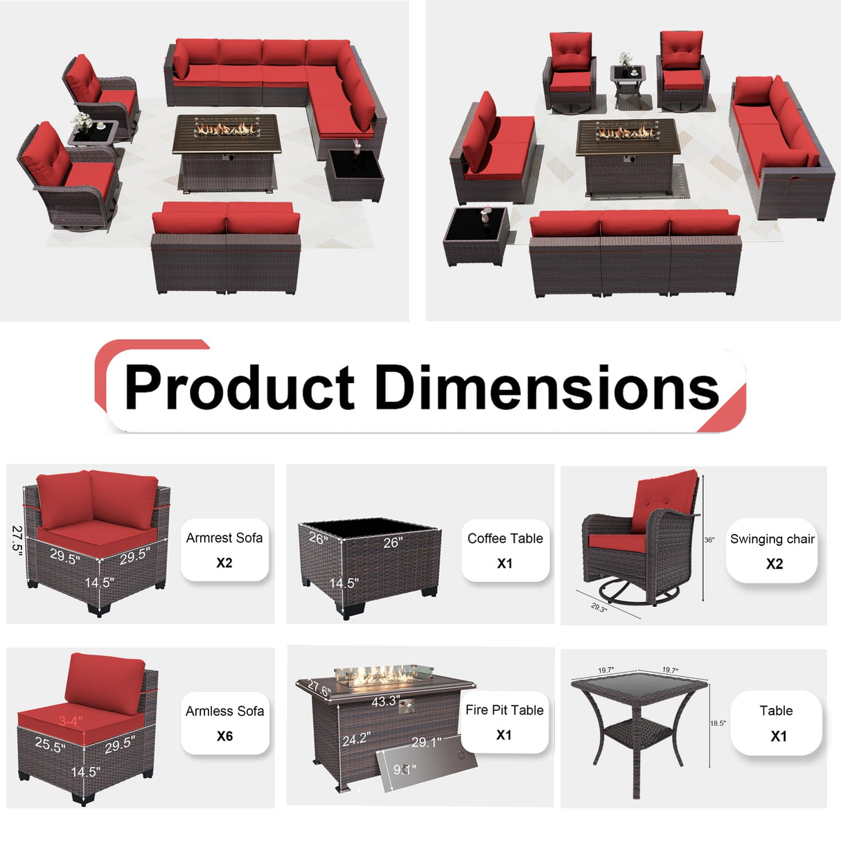 Kurapika 13 Pieces Patio Furniture Set, Rattan Wicker Outdoor Conversation Sets w/43in Propane Fire Pit Table, Swivel Rocking Chairs Patio Sectional Sofa w/4 Inch Cushion, Red Kurapika