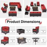 Kurapika 13 Pieces Patio Furniture Set, Rattan Wicker Outdoor Conversation Sets w/43in Propane Fire Pit Table, Swivel Rocking Chairs Patio Sectional Sofa w/4 Inch Cushion, Red Kurapika