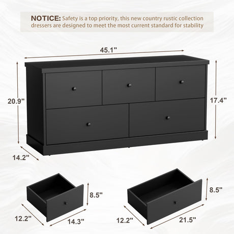 JUMMICO Dresser for Bedroom, Wide Chest of Drawers with 5 Wood Dresser Drawers, TV Stand, Modern Design for Bedroom, Living Room, Hallway, and Entryway (Black) JUMMICO