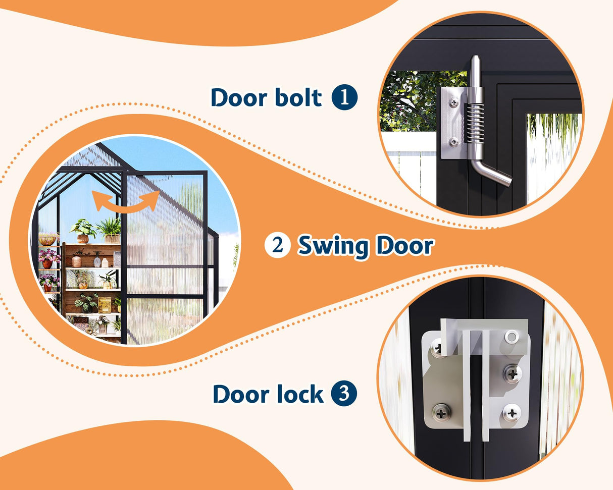 Jocisland 8x11.5x7 FT Polycarbonate Greenhouses for Outdoors, 2 Top-Opening Windows, 2 Swing Doors, Aluminum Walk-in Heavy Duty for Outdoor Use, Backyard Garden, Black Jocisland