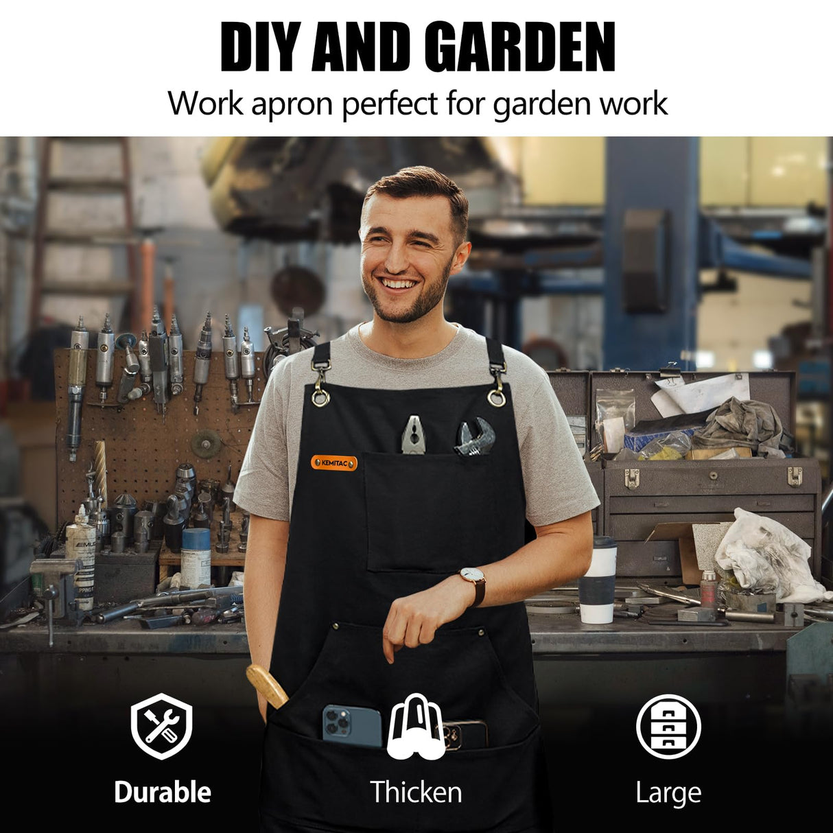 KEMITAC Barbecue Apron For Men, Men Cooking Apron, Work Apron, Gardening Apron, Welding Apron - Waterproof, Fireproof, Adjustable Straps, Many Pockets, Dirt-Repellent - Black Canvas KEMITAC