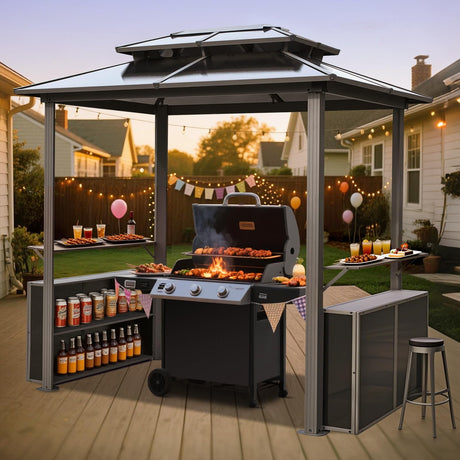 MELLCOM 6' x 8' Grill Gazebo, Outdoor Metal BBQ Gazebo with Double Polycarbonate Panel Roof, 2 Double-Layer Storage Cabinets, 2 Side Shelves and Ceiling Hook for Deck Lawn Backyard Garden (Black) MELLCOM