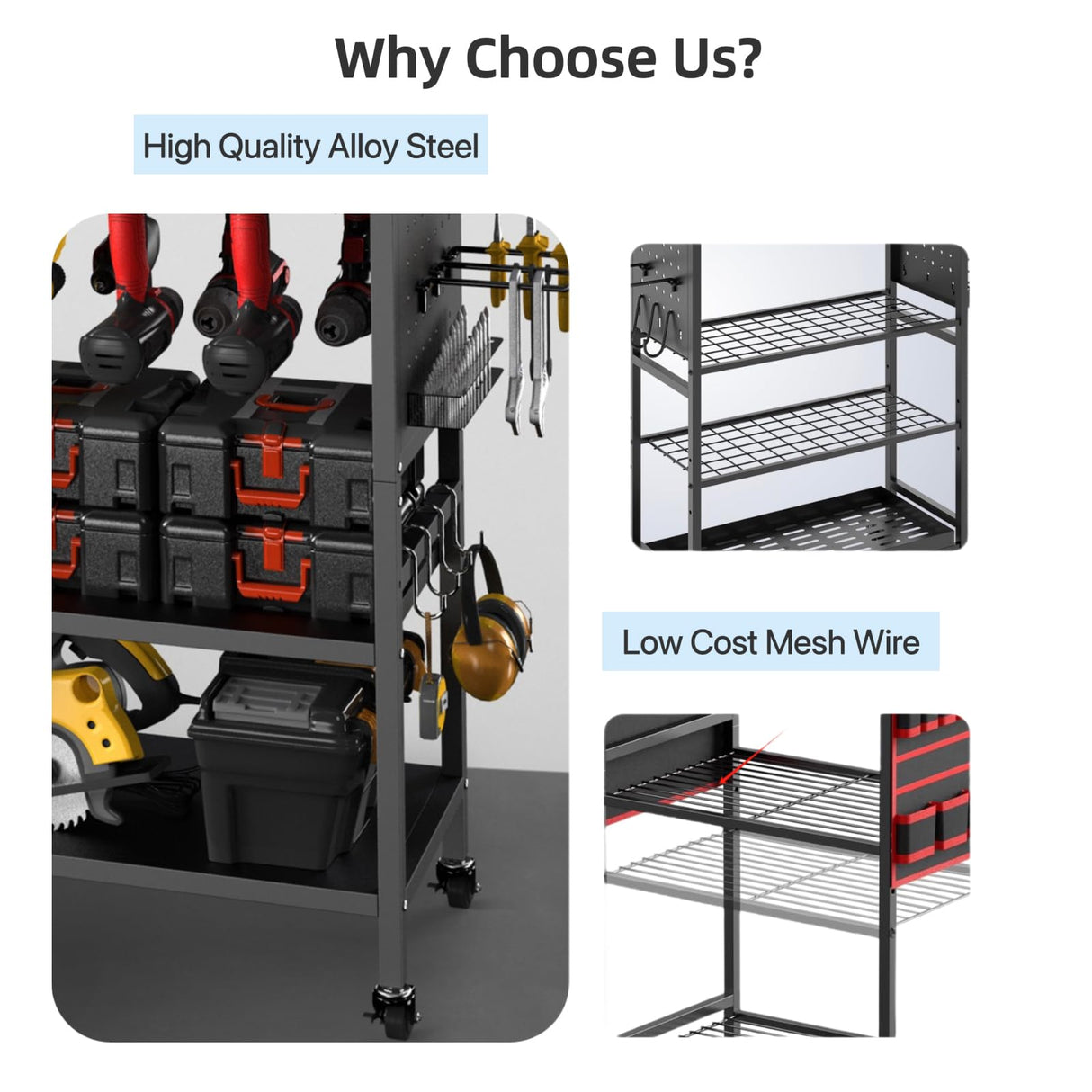 zsttion Power Tool Organizer Cart with Charging Station, 4-Tier Rolling Tool Cart for Garage Storage,Heavy-Duty Floor-Standing Storage Rack with 8-Outlet Power Strip,Supports 500 lbs zsttion