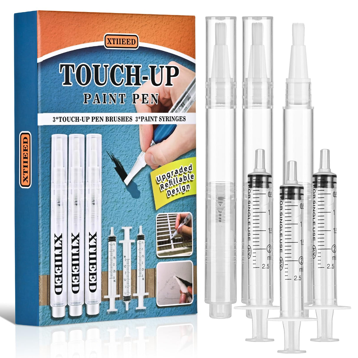 XTIIEED Fillable Touch Up Paint Pen, Refillable Paint Brush Pens, Touch up paint pens for walls - Wood Floors, Windows, Furniture, Kitchen Cabinet, Suitable for Any Repair(3 Pack) XTIIEED
