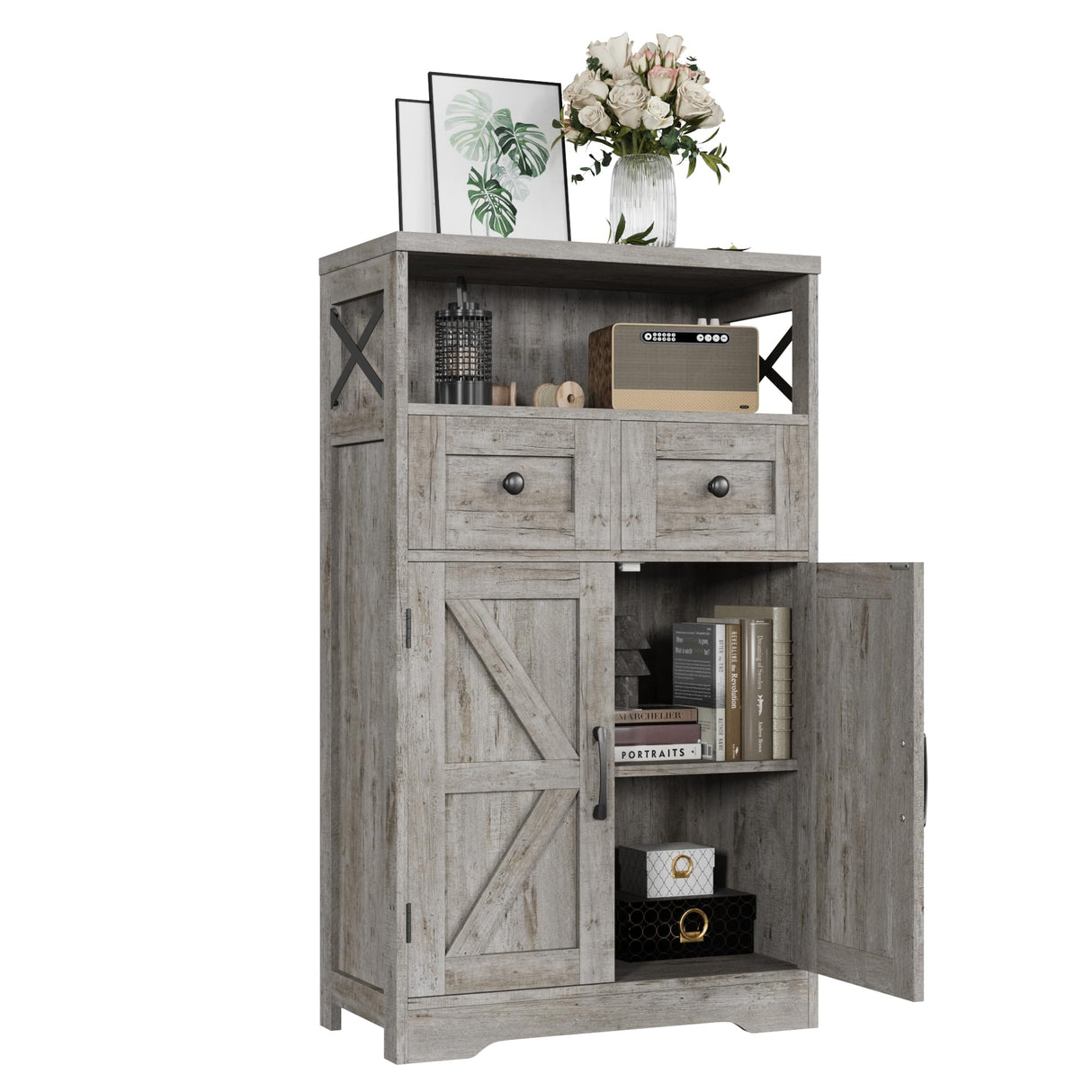 Befrases Farmhouse Storage Cabinet with Drawers and Adjustable Shelves, Freestanding Kitchen Pantry Storage Cabinet, Floor Storage Cupboard for Dining Living Room Home Office, Washed Grey Befrases