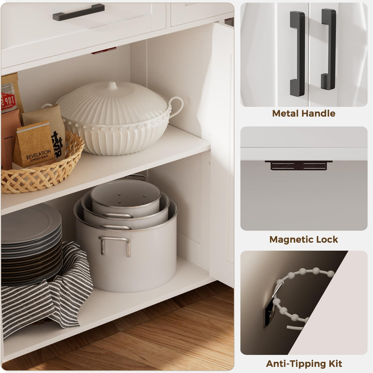 Homhedy Sideboard Buffet Cabinet, Coffee Bar Storage Cabinet with Drawers and Doors, Farmhouse Kitchen Cabinet with Adjustable Shelves, for Kitchen, Dining Room, Living Room, White Homhedy